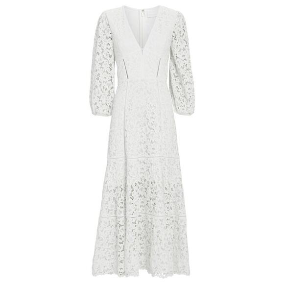 Jonathan Simkhai White Puff Sleeve V-Neck Intricate Lace Midi Dress Size 2 - Picture 2 of 16